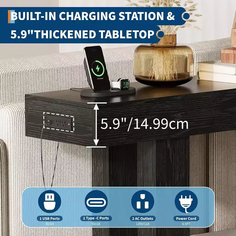Console longue de 160 cm avec prises électriques, ports USB et Type-C intégrés. Table de canapé étroite pour entrée, couloir et salon, Noire