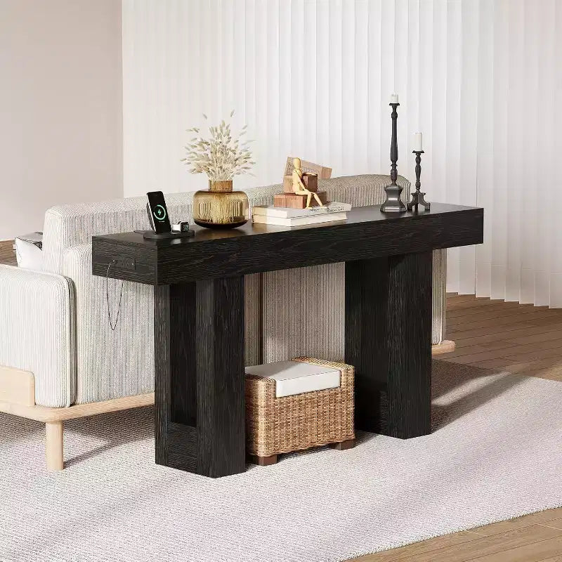 Console longue de 160 cm avec prises électriques, ports USB et Type-C intégrés. Table de canapé étroite pour entrée, couloir et salon, Noire