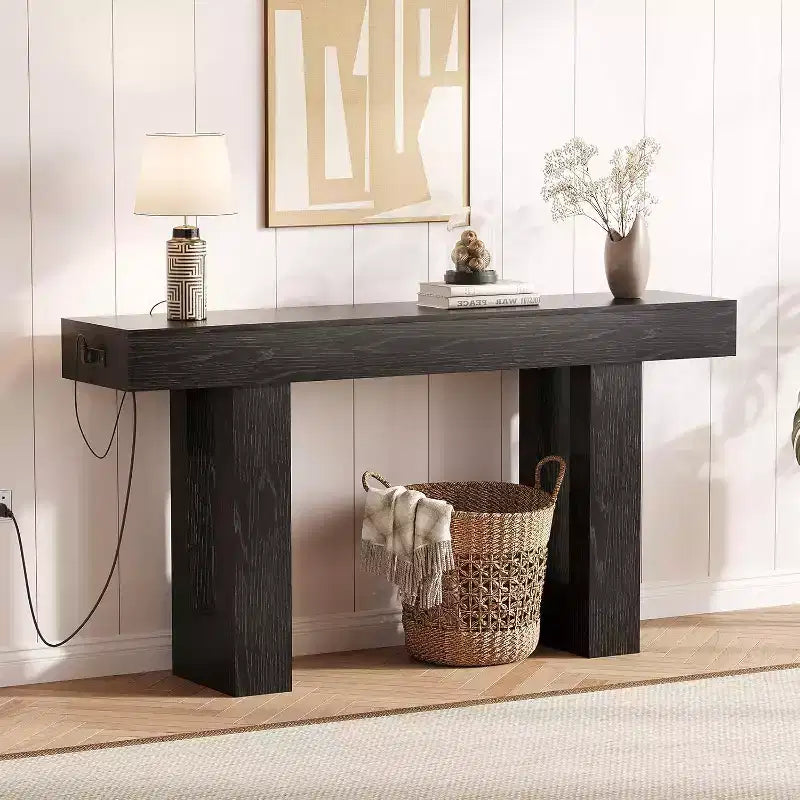 Console longue de 160 cm avec prises électriques, ports USB et Type-C intégrés. Table de canapé étroite pour entrée, couloir et salon, Noire