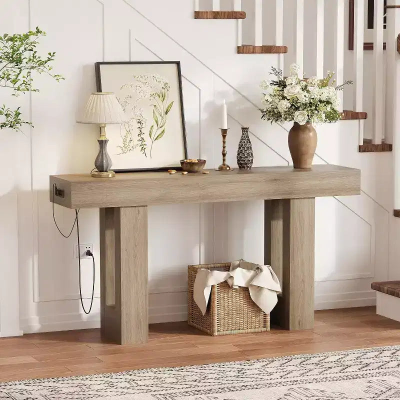 Console longue de 160 cm avec prises électriques, ports USB et Type-C intégrés. Table de canapé étroite pour entrée, couloir et salon, Noire
