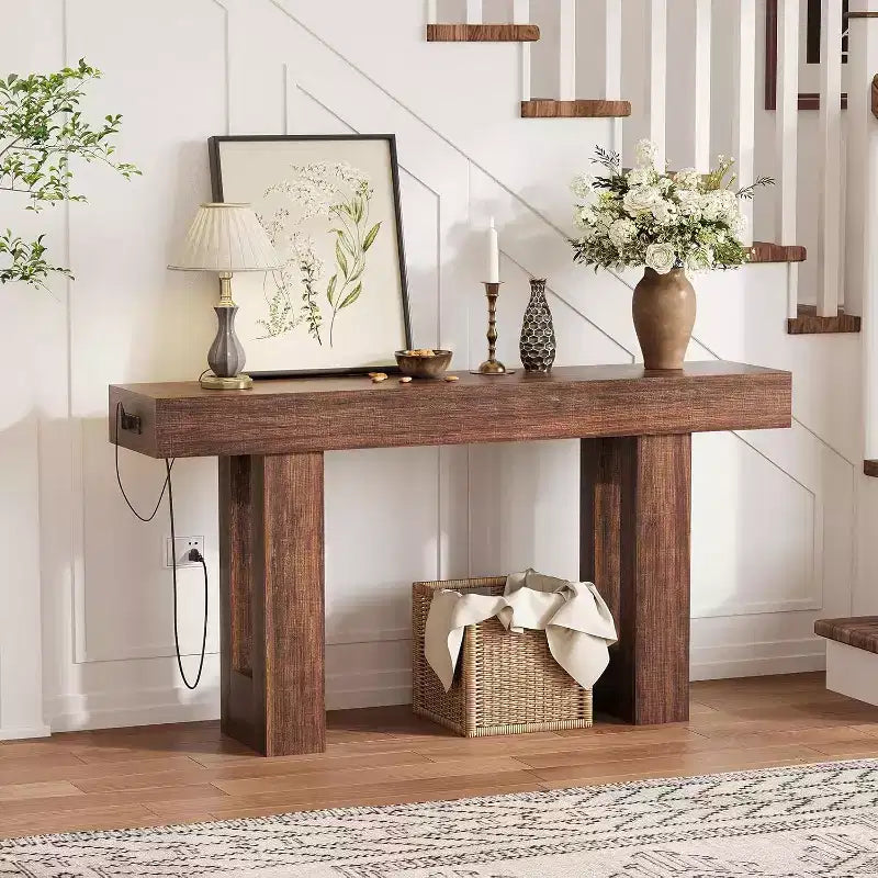Console longue de 160 cm avec prises électriques, ports USB et Type-C intégrés. Table de canapé étroite pour entrée, couloir et salon, Noire