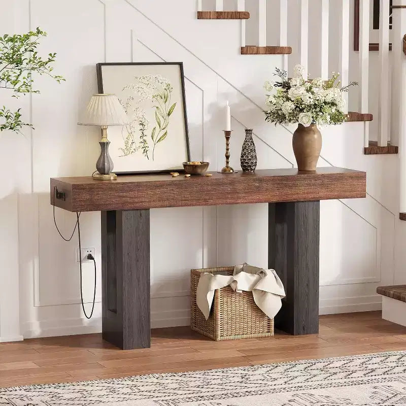 Console longue de 160 cm avec prises électriques, ports USB et Type-C intégrés. Table de canapé étroite pour entrée, couloir et salon, Noire