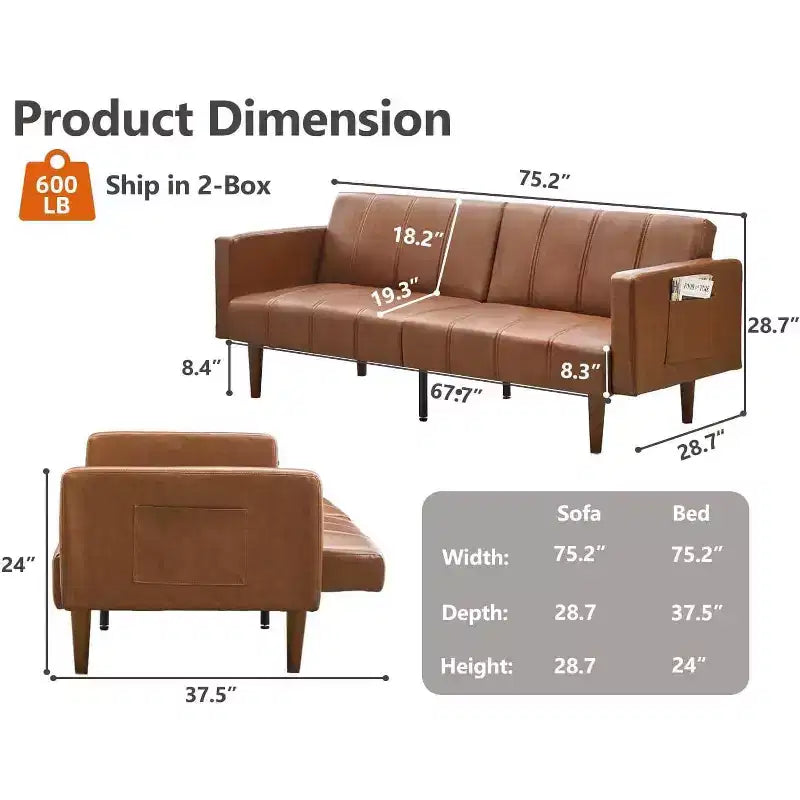 Canapé-lit futon en similicuir de 75 po de style Mid-Century - Lit convertible avec dossier réglable, causeuse et pochettes latérales, pour salon/chambre à coucher