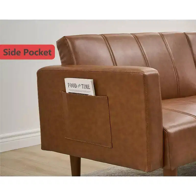 Canapé-lit futon en similicuir de 75 po de style Mid-Century - Lit convertible avec dossier réglable, causeuse et pochettes latérales, pour salon/chambre à coucher