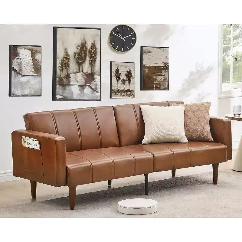 Canapé-lit futon en similicuir de 75 po de style Mid-Century - Lit convertible avec dossier réglable, causeuse et pochettes latérales, pour salon/chambre à coucher
