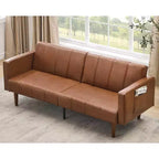 Canapé-lit futon en similicuir de 75 po de style Mid-Century - Lit convertible avec dossier réglable, causeuse et pochettes latérales, pour salon/chambre à coucher