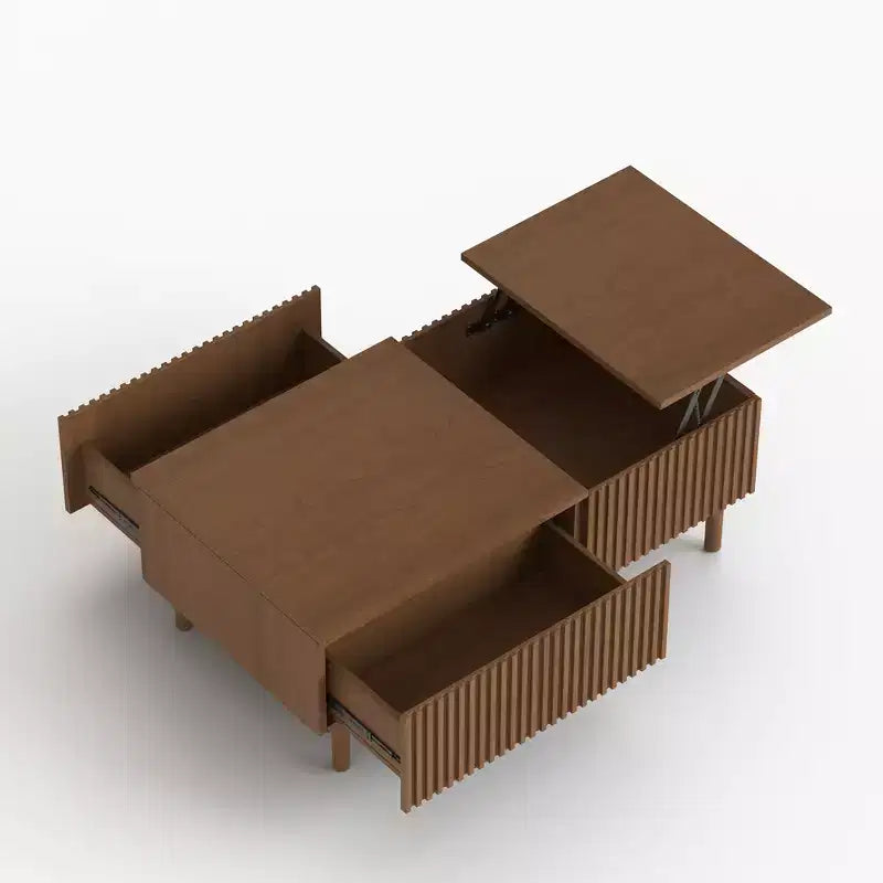 Table basse relevable moderne en noyer de 129 cm avec design cannelé et 2 tiroirs de rangement Gaoyangjiaju