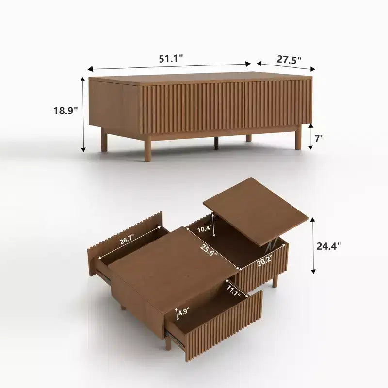 Table basse relevable moderne en noyer de 129 cm avec design cannelé et 2 tiroirs de rangement Gaoyangjiaju