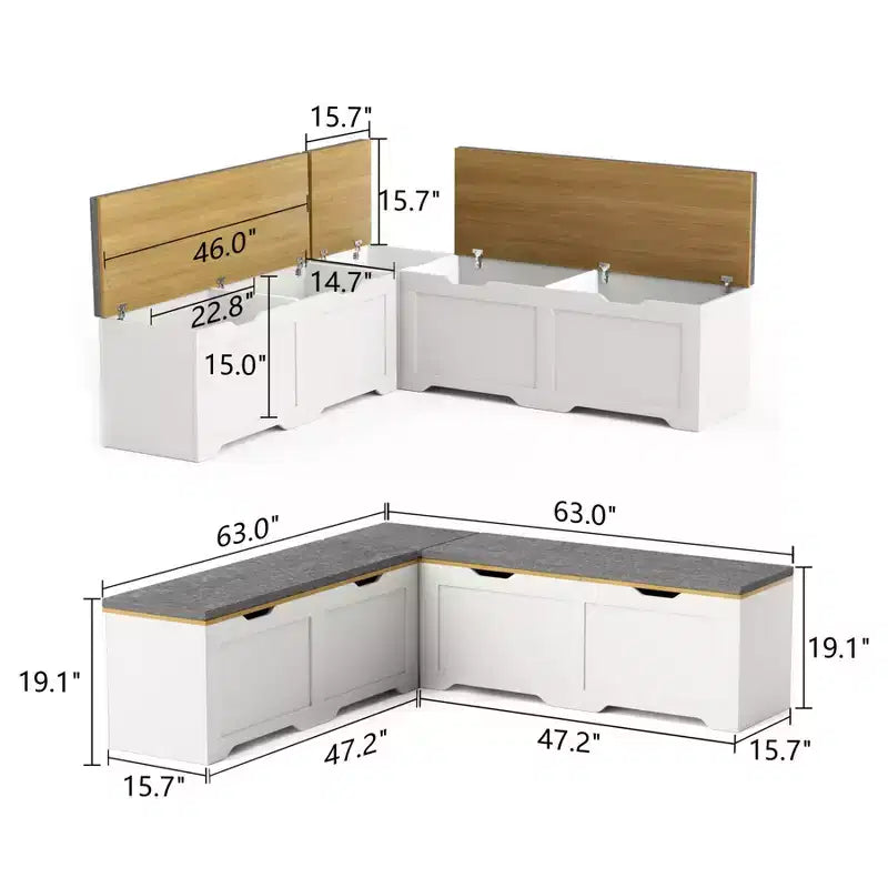 Banc d'angle en L avec rangement, banc de coin cuisine avec coussin amovible, banc sans dossier en bois pour salle à manger, entrée