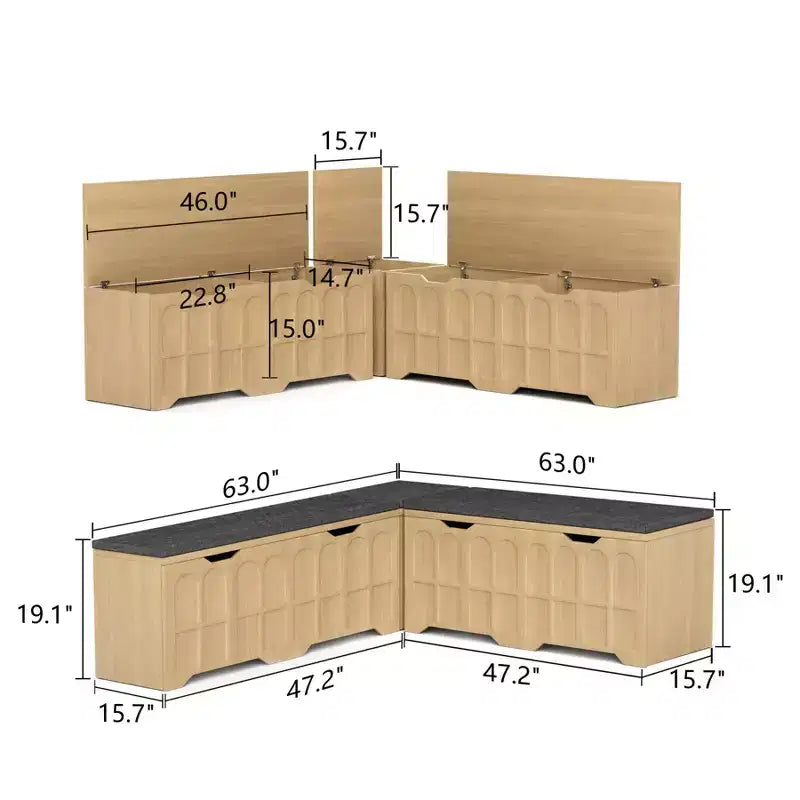 Banc d'angle en L avec rangement, banc de coin cuisine avec coussin amovible, banc sans dossier en bois pour salle à manger, entrée