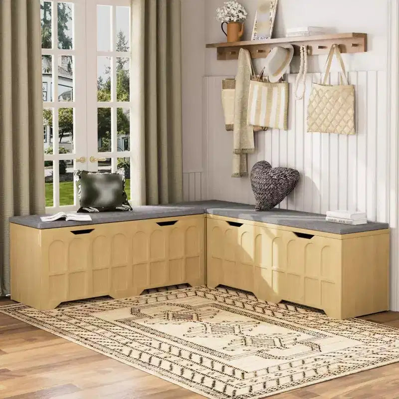 Banc d'angle en L avec rangement, banc de coin cuisine avec coussin amovible, banc sans dossier en bois pour salle à manger, entrée