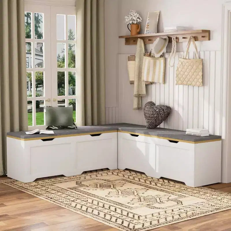 Banc d'angle en L avec rangement, banc de coin cuisine avec coussin amovible, banc sans dossier en bois pour salle à manger, entrée