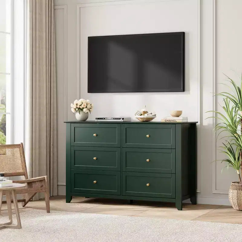 Commode moderne en bois à 6 tiroirs, grande commode avec tiroirs profonds et poignées en métal, armoire de rangement pour chambre à coucher, entrée et couloir
