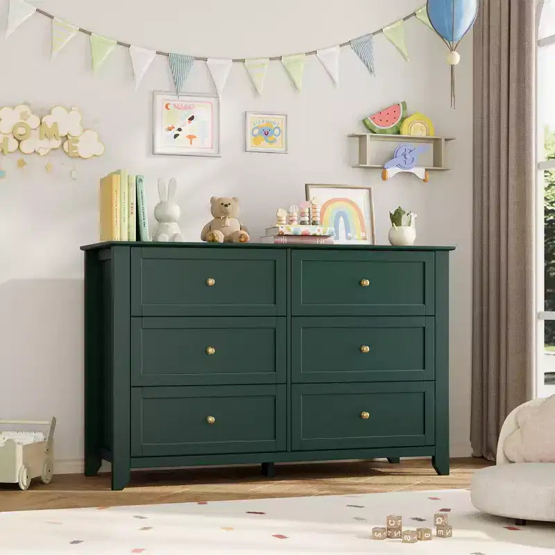 Commode moderne en bois à 6 tiroirs, grande commode avec tiroirs profonds et poignées en métal, armoire de rangement pour chambre à coucher, entrée et couloir
