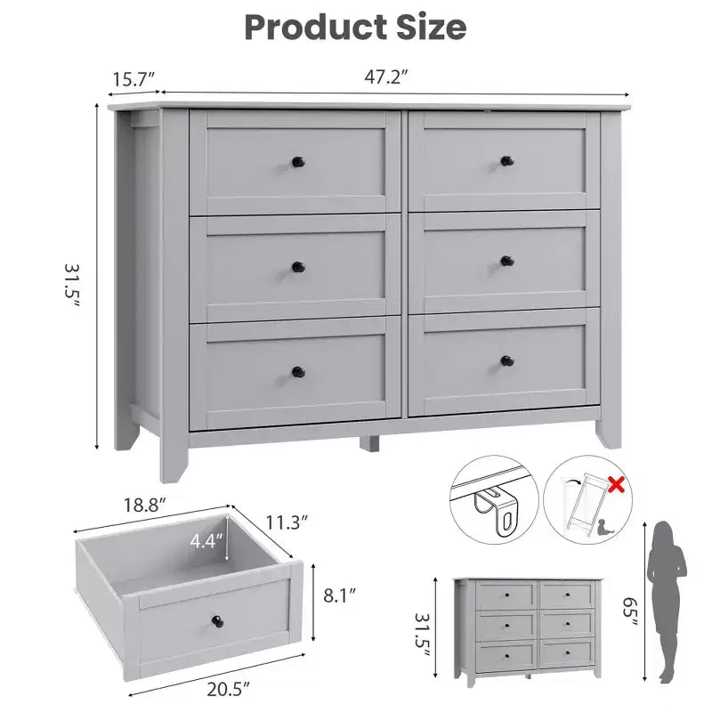 Commode moderne en bois à 6 tiroirs, grande commode avec tiroirs profonds et poignées en métal, armoire de rangement pour chambre à coucher, entrée et couloir
