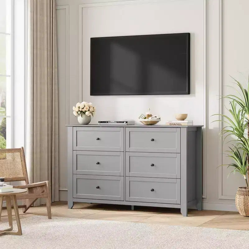 Commode moderne en bois à 6 tiroirs, grande commode avec tiroirs profonds et poignées en métal, armoire de rangement pour chambre à coucher, entrée et couloir
