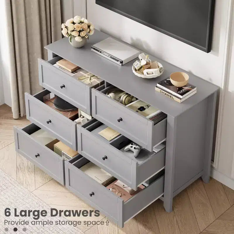 Commode moderne en bois à 6 tiroirs, grande commode avec tiroirs profonds et poignées en métal, armoire de rangement pour chambre à coucher, entrée et couloir
