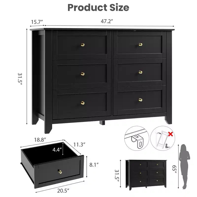 Commode moderne en bois à 6 tiroirs, grande commode avec tiroirs profonds et poignées en métal, armoire de rangement pour chambre à coucher, entrée et couloir