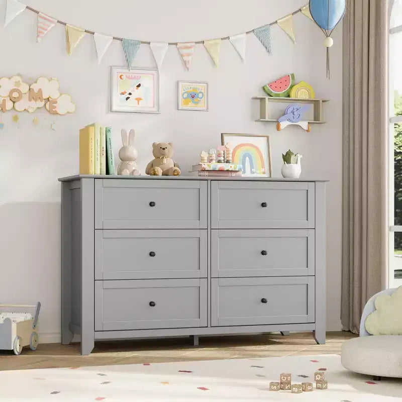 Commode moderne en bois à 6 tiroirs, grande commode avec tiroirs profonds et poignées en métal, armoire de rangement pour chambre à coucher, entrée et couloir