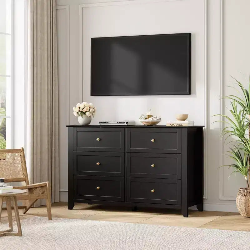 Commode moderne en bois à 6 tiroirs, grande commode avec tiroirs profonds et poignées en métal, armoire de rangement pour chambre à coucher, entrée et couloir