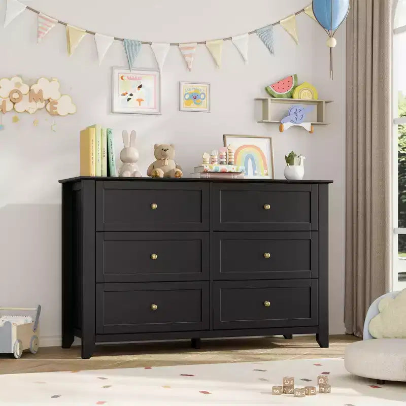 Commode moderne en bois à 6 tiroirs, grande commode avec tiroirs profonds et poignées en métal, armoire de rangement pour chambre à coucher, entrée et couloir