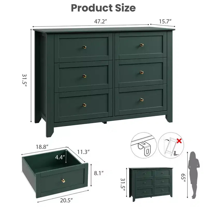 Commode moderne en bois à 6 tiroirs, grande commode avec tiroirs profonds et poignées en métal, armoire de rangement pour chambre à coucher, entrée et couloir