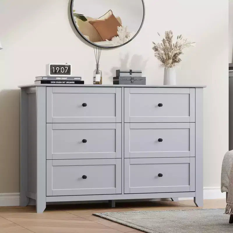Commode moderne en bois à 6 tiroirs, grande commode avec tiroirs profonds et poignées en métal, armoire de rangement pour chambre à coucher, entrée et couloir