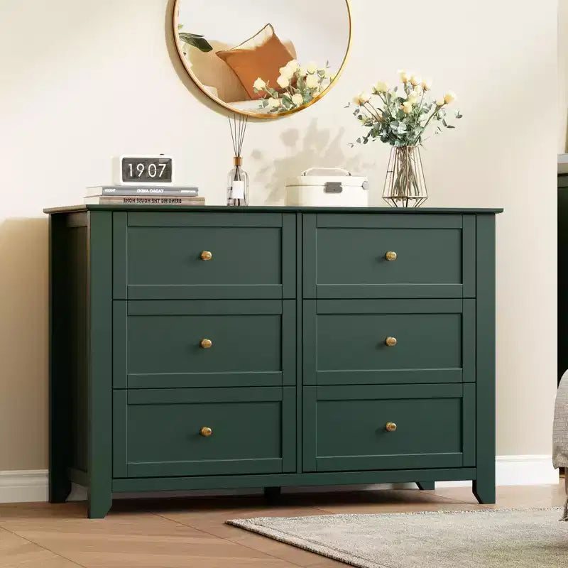 Commode moderne en bois à 6 tiroirs, grande commode avec tiroirs profonds et poignées en métal, armoire de rangement pour chambre à coucher, entrée et couloir