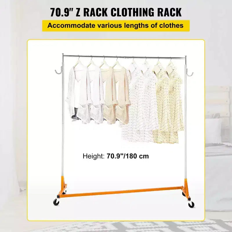 Portant à vêtements Z VEVOR, portant à vêtements à base Z de qualité industrielle, portant à vêtements roulant Z, portant à vêtements robuste en acier à base Z avec roulettes verrouillables, orange et argent