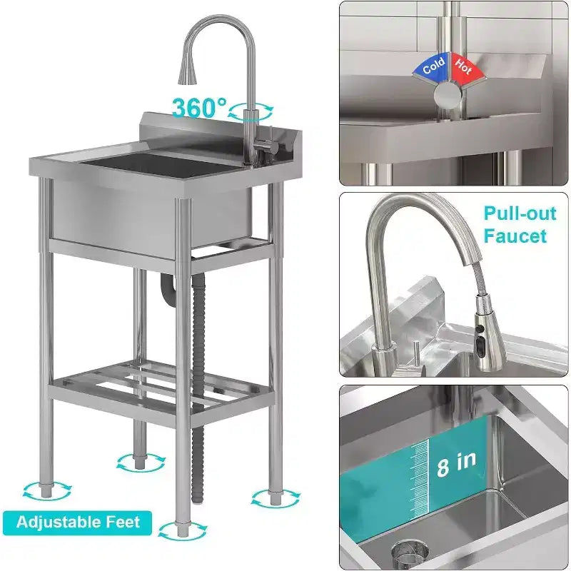 Évier utilitaire en acier inoxydable 24x20x42, évier autoportant à cuve unique avec robinet d'eau chaude et froide, évier de cuisine commerciale, de buanderie, de salle de bain, de garage ou de jardin