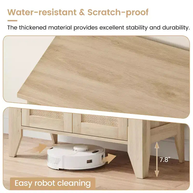 Bahut en rotin. Meuble de rangement avec 2 portes en rotin et pieds en bois massif. Meuble de cuisine en bois avec plan de travail.