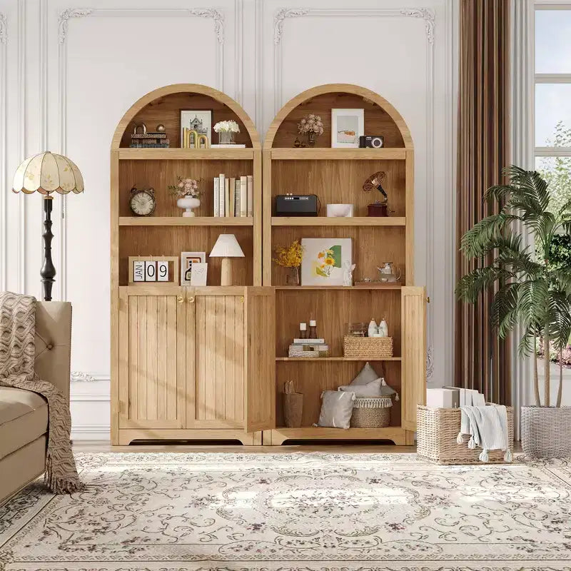 Armoire de rangement arquée en bois de 72 po avec 5 étagères, armoire de cuisine avec portes et étagères ouvertes, bibliothèque et placard polyvalents pour salon