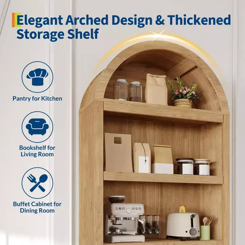 Armoire de rangement arquée en bois de 72 po avec 5 étagères, armoire de cuisine avec portes et étagères ouvertes, bibliothèque et placard polyvalents pour salon