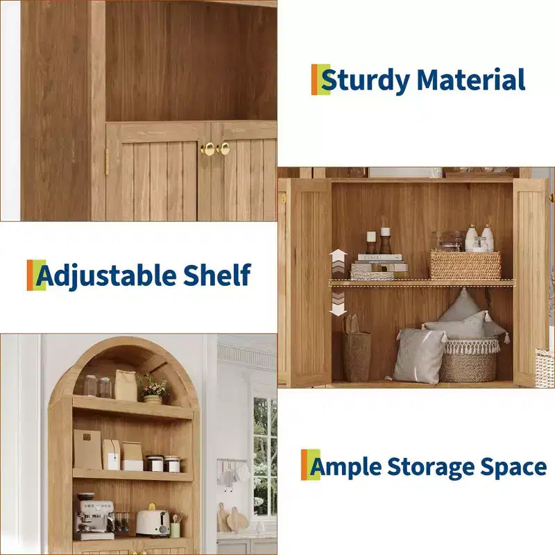 Armoire de rangement arquée en bois de 72 po avec 5 étagères, armoire de cuisine avec portes et étagères ouvertes, bibliothèque et placard polyvalents pour salon