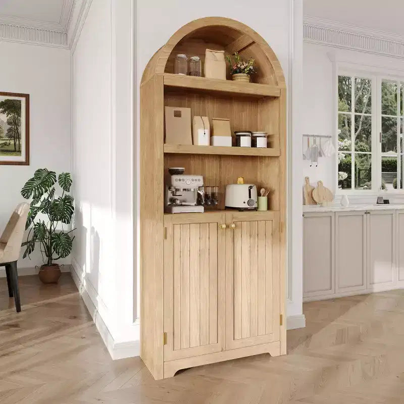 Armoire de rangement arquée en bois de 72 po avec 5 étagères, armoire de cuisine avec portes et étagères ouvertes, bibliothèque et placard polyvalents pour salon