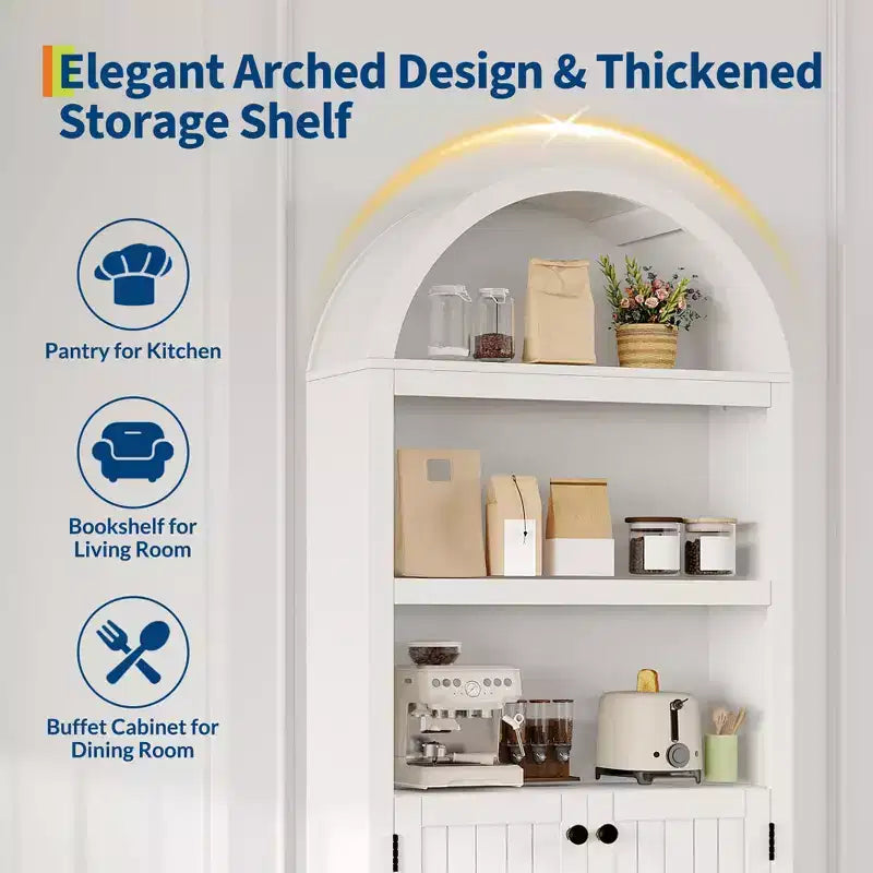 Armoire de rangement arquée en bois de 72 po avec 5 étagères, armoire de cuisine avec portes et étagères ouvertes, bibliothèque et placard polyvalents pour salon
