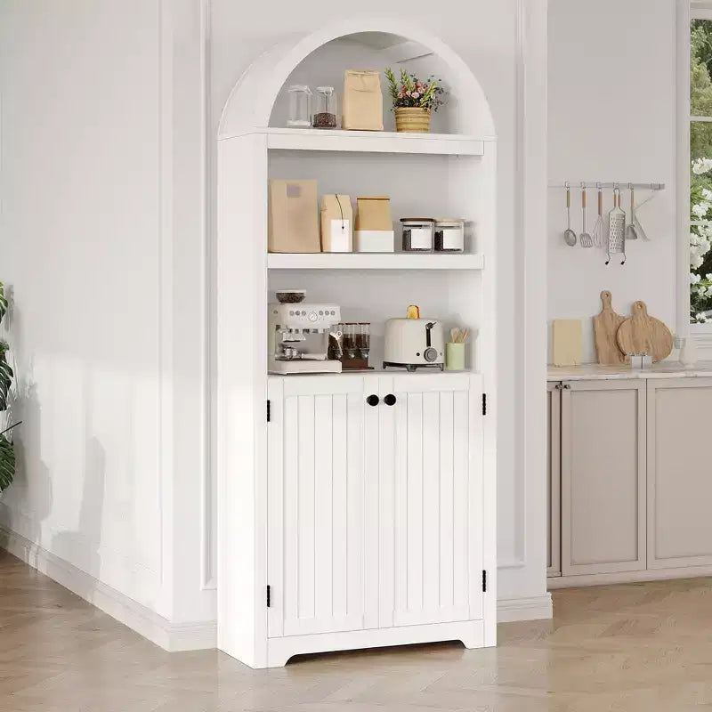 Armoire de rangement arquée en bois de 72 po avec 5 étagères, armoire de cuisine avec portes et étagères ouvertes, bibliothèque et placard polyvalents pour salon