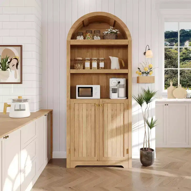Armoire de rangement arquée en bois de 72 po avec 5 étagères, armoire de cuisine avec portes et étagères ouvertes, bibliothèque et placard polyvalents pour salon