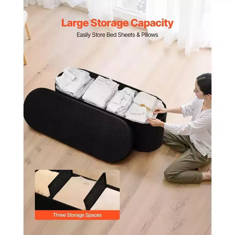Banc de rangement pliable ovale noir VIYET 45 en polaire Teddy, 300 kg pour chambre/entrée/salon