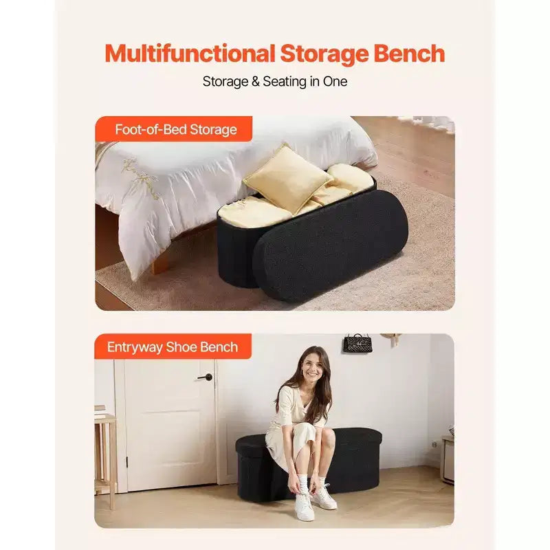 Banc de rangement pliable ovale noir VIYET 45 en polaire Teddy, 300 kg pour chambre/entrée/salon