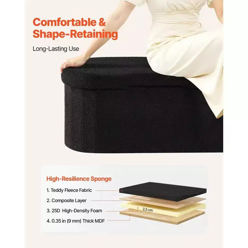 Banc de rangement pliable ovale noir VIYET 45 en polaire Teddy, 300 kg pour chambre/entrée/salon