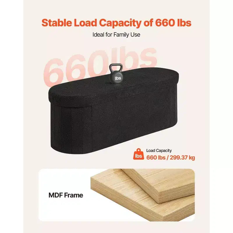 Banc de rangement pliable ovale noir VIYET 45 en polaire Teddy, 300 kg pour chambre/entrée/salon