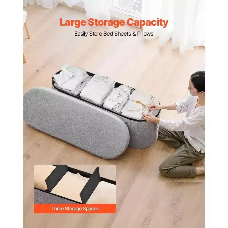 VIYET 44.49 Banc de rangement ottoman ovale pliable en molleton d'ours gris, 300 kg pour chambre/entrée/salon