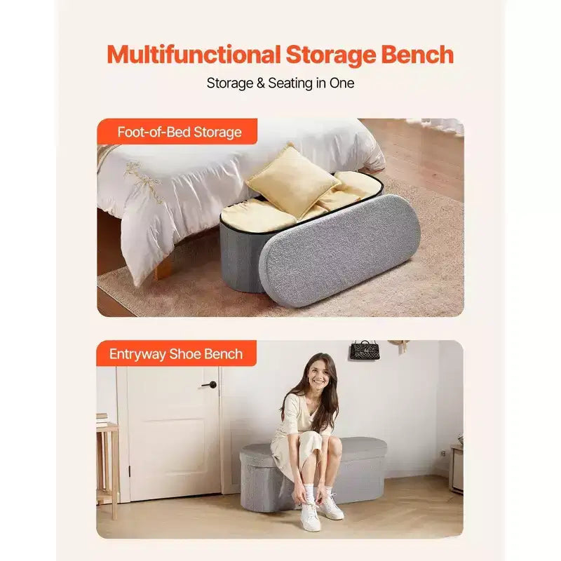 VIYET 44.49 Banc de rangement ottoman ovale pliable en molleton d'ours gris, 300 kg pour chambre/entrée/salon
