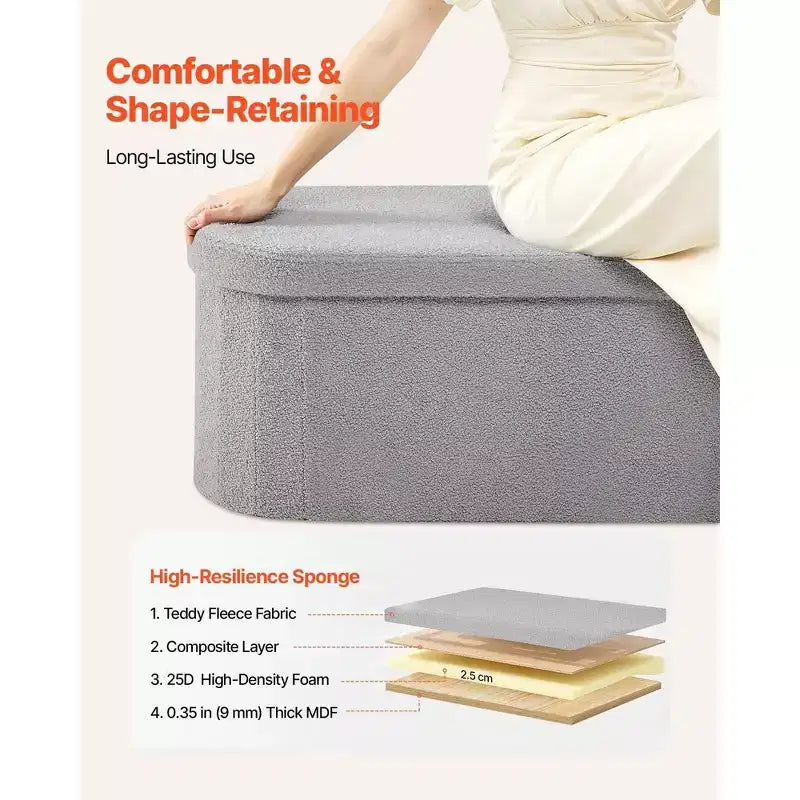 VIYET 44.49 Banc de rangement ottoman ovale pliable en molleton d'ours gris, 300 kg pour chambre/entrée/salon