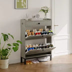 Meuble à chaussures avec 2 tiroirs basculants et un tiroir supérieur, panneau ajouré et poignées carrées noires, range-chaussures réglable pour entrée