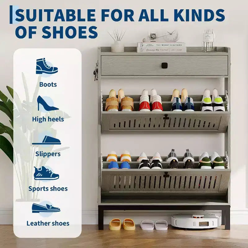 Meuble à chaussures avec 2 tiroirs basculants et un tiroir supérieur, panneau ajouré et poignées carrées noires, range-chaussures réglable pour entrée