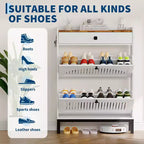 Meuble à chaussures avec 2 tiroirs basculants et un tiroir supérieur, panneau ajouré et poignées carrées noires, range-chaussures réglable pour entrée