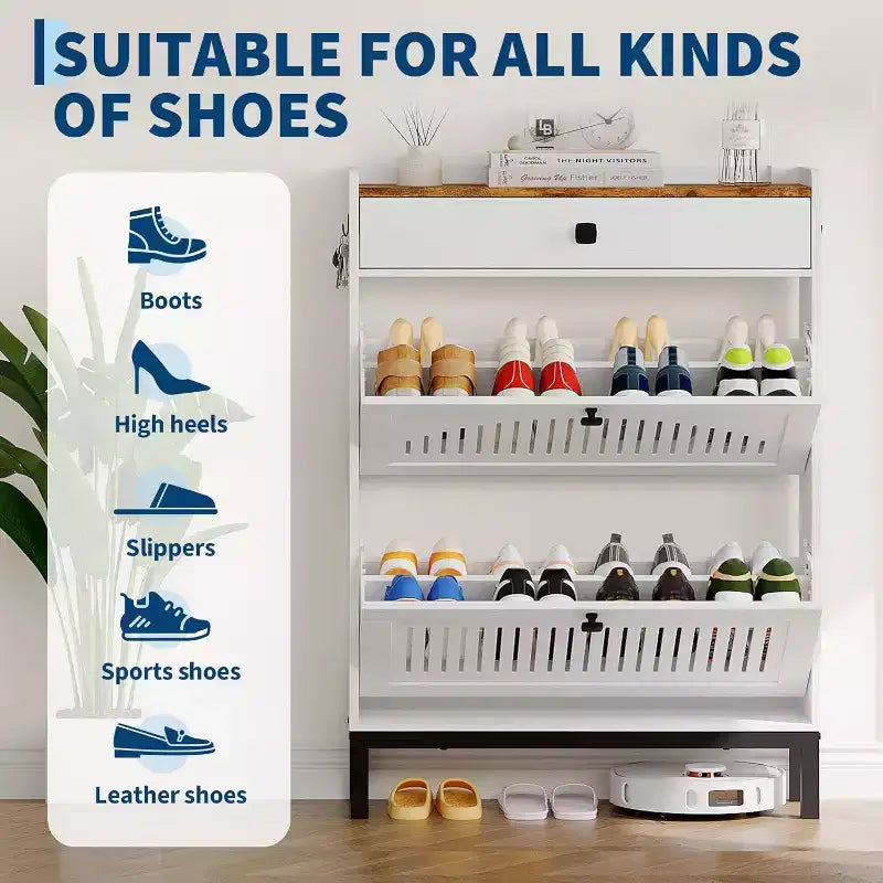 Meuble à chaussures avec 2 tiroirs basculants et un tiroir supérieur, panneau ajouré et poignées carrées noires, range-chaussures réglable pour entrée
