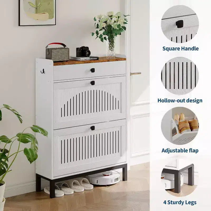 Meuble à chaussures avec 2 tiroirs basculants et un tiroir supérieur, panneau ajouré et poignées carrées noires, range-chaussures réglable pour entrée